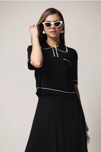 Bluza casual neagra din tricot cu buzunar si nasturi