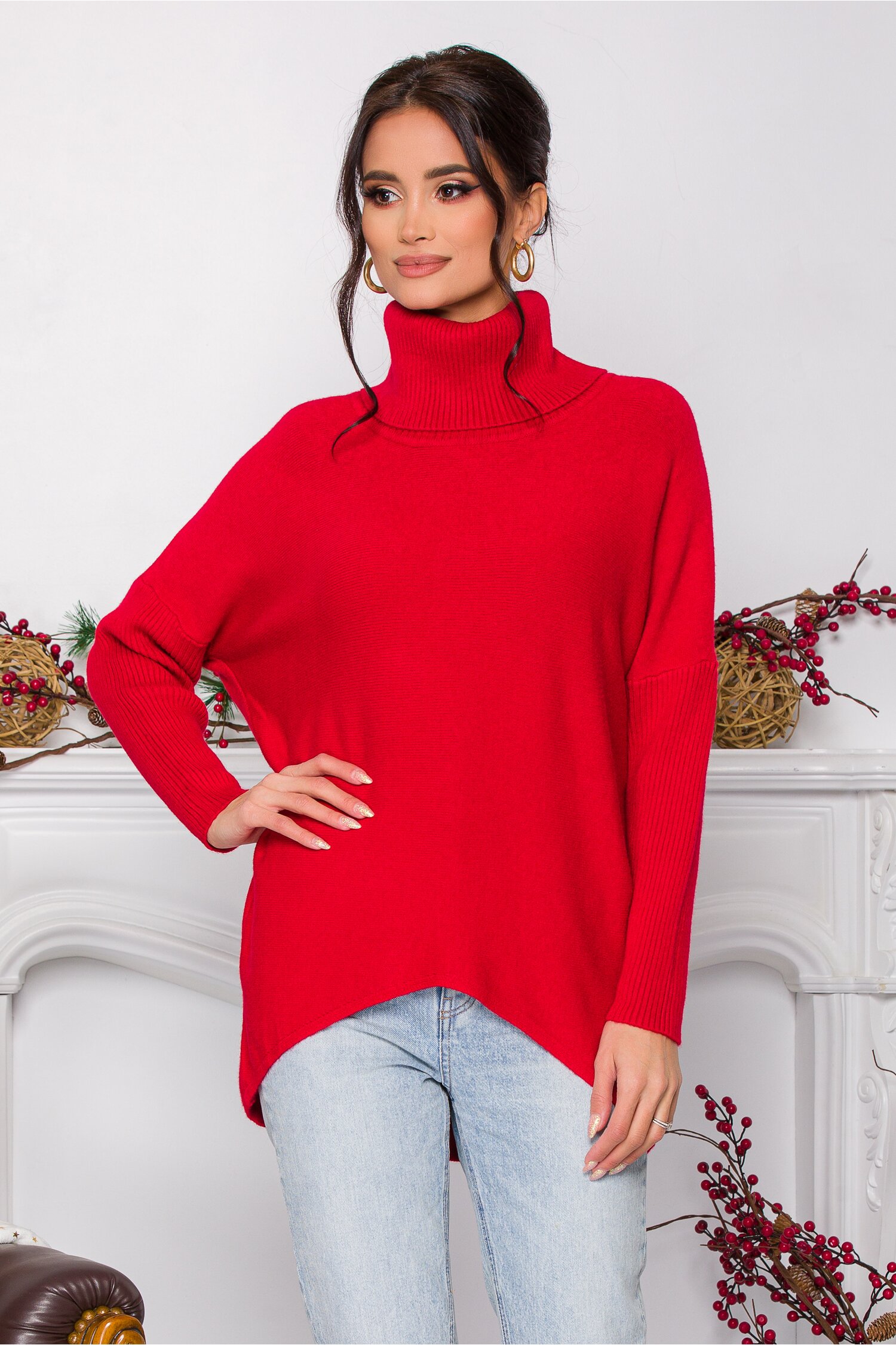 Bluza Daiana rosie din tricot cu textura reiata la guler si maneci