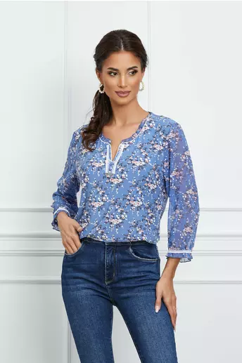 Bluza Daniela bleu cu flori roz