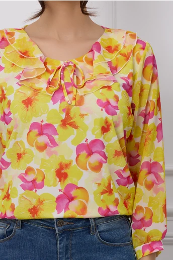 Bluza Daria galbena cu imprimeuri florale fucsia