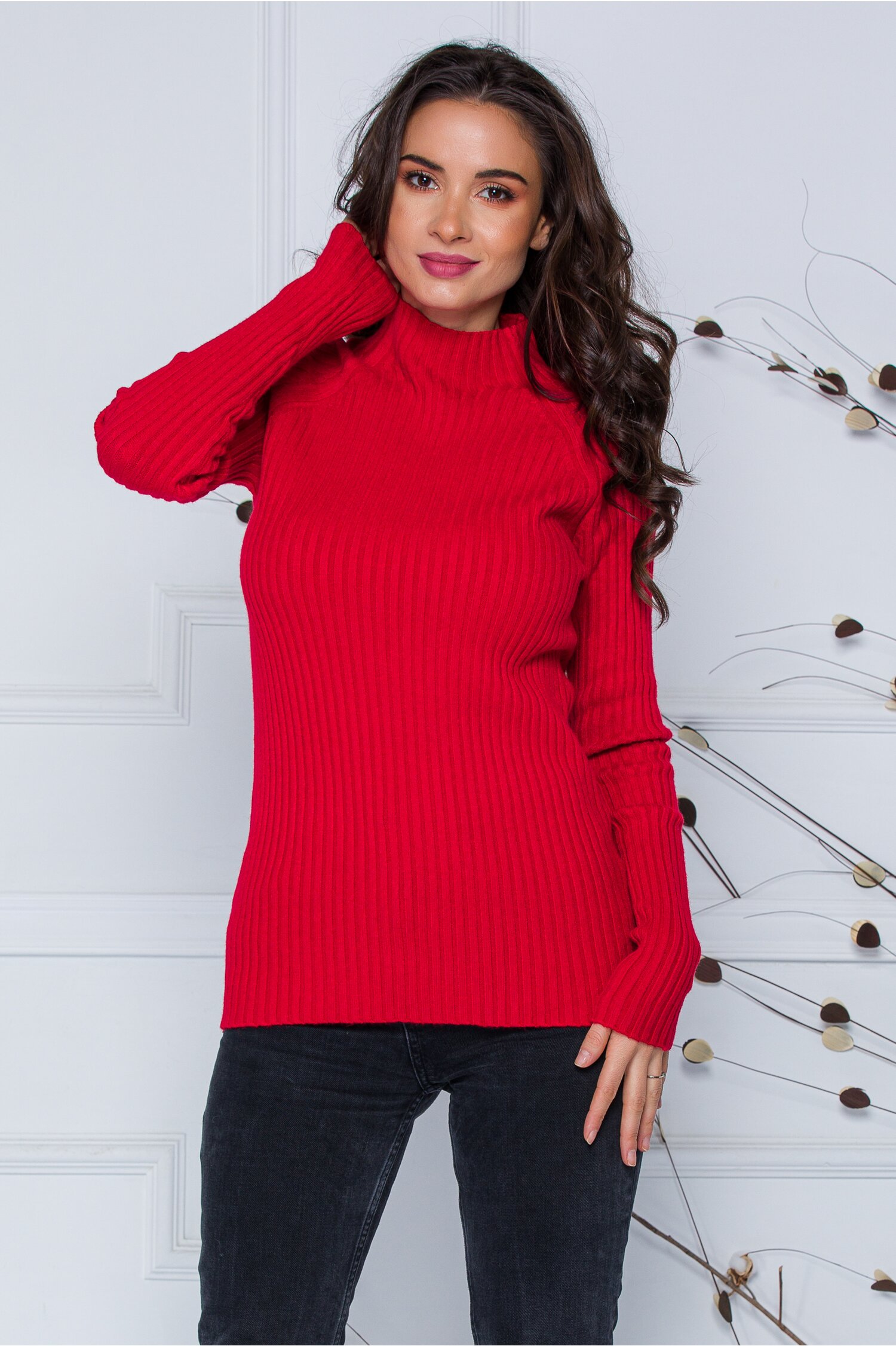 Bluza Daria rosie din tricot reiat