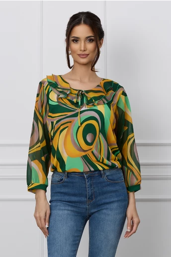 Bluza Daria verde cu imprimeuri galbene