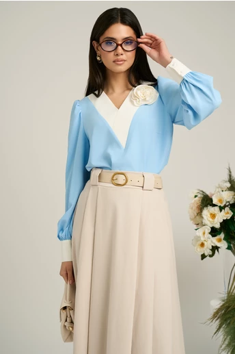 Bluza Dy Fashion bleu cu decolteu in V si detaliu la bust
