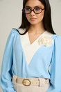 Bluza Dy Fashion bleu cu decolteu in V si detaliu la bust