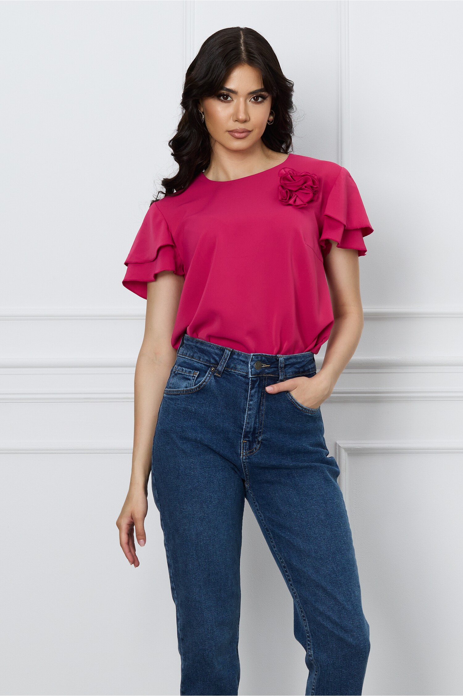 Bluza DY Fashion magenta cu trandafir si volane la maneci