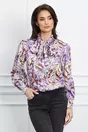 Bluza Dy Fashion mov cu imprimeu maro din satin cu funda la guler