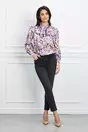 Bluza Dy Fashion mov cu imprimeu maro din satin cu funda la guler