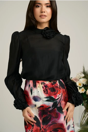 Bluza DY Fashion neagra cu trandafir la guler si maneci