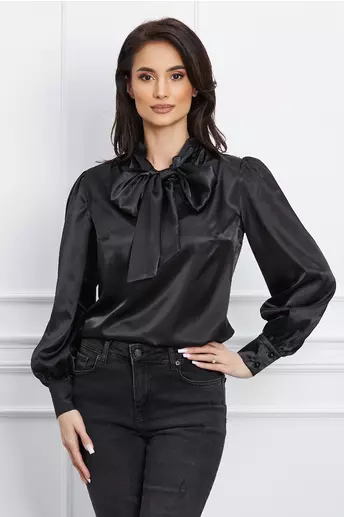 Bluza Dy Fashion neagra din satin cu funda la guler