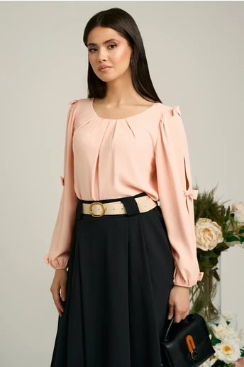 Bluza Dy Fashion peach din voal plin cu maneci crapate si fundite