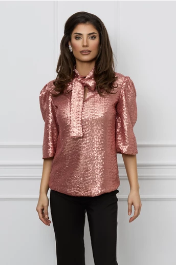 Bluza Dy Fashion rose din paiete cu funda la guler