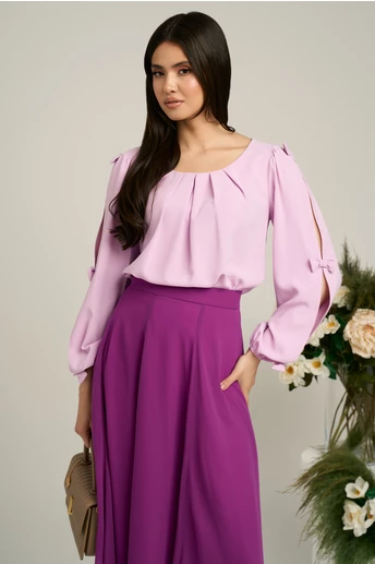 Bluza Dy Fashion roz din voal plin cu maneci crapate si fundite