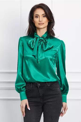 Bluza Dy Fashion verde din satin cu funda la guler
