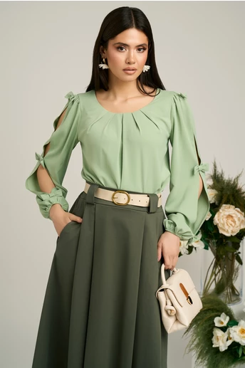 Bluza Dy Fashion verde fistic din voal plin cu maneci crapate si fundite