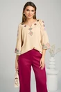 Bluza eleganta din crep bej cu broderie traditionala