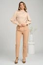Bluza eleganta din satin bej cu perle si pliuri pe umar