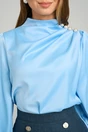 Bluza eleganta din satin bleu cu perle si pliuri pe umar