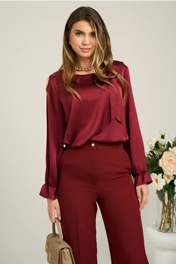 Bluza eleganta din satin bordo cu volan la decolteu
