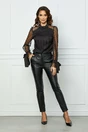 Bluza eleganta din satin neagra cu maneci din tull accesorizate cu buline catifelate
