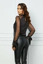 Bluza eleganta din satin neagra cu maneci din tull accesorizate cu buline catifelate