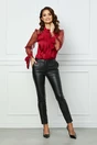 Bluza eleganta din satin rosie cu maneci din tull accesorizate cu buline catifelate