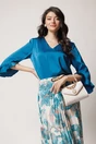 Bluza eleganta din satin turcoaz cu volane la maneci, 1, dyfashion.ro