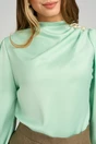 Bluza eleganta din satin verde cu perle si pliuri pe umar