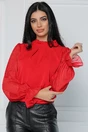 Bluza eleganta din voal rosie cu insertii in relief pe maneci
