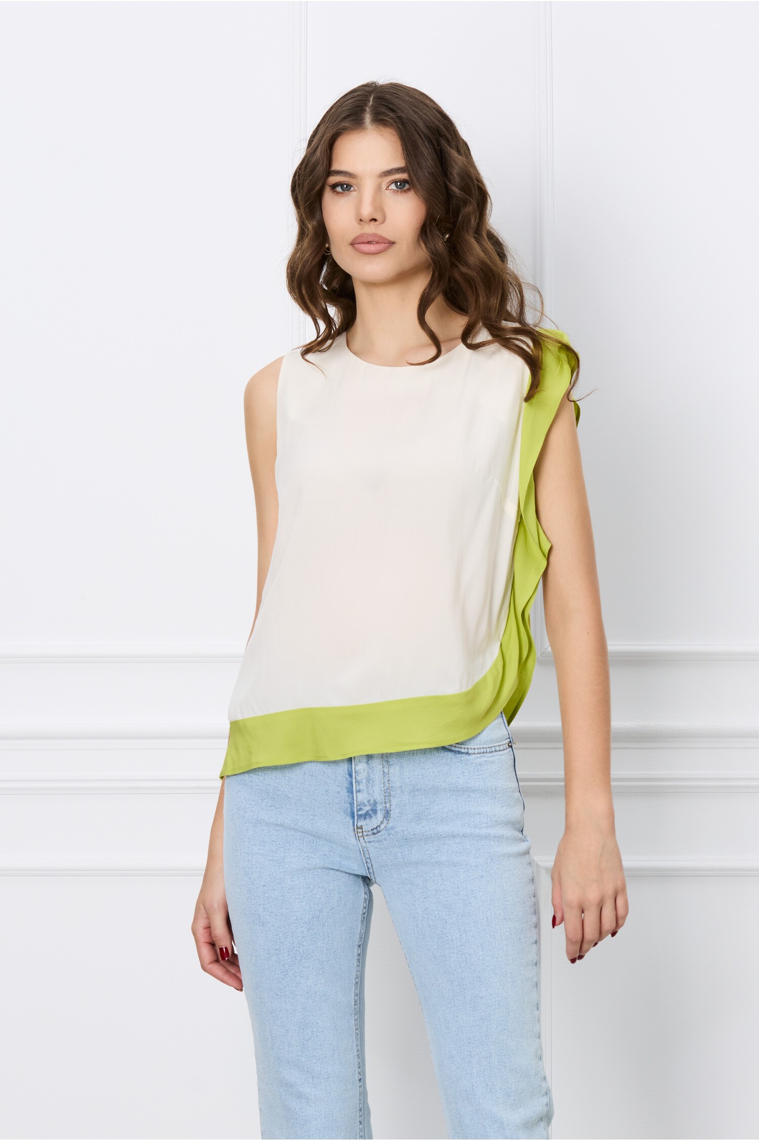 Bluza Flaviana ivory cu verde lime