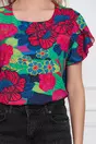 Bluza Frona bleumarin cu flori maxi rosii si maneci despicate