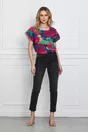 Bluza Frona bleumarin cu flori maxi rosii si maneci despicate
