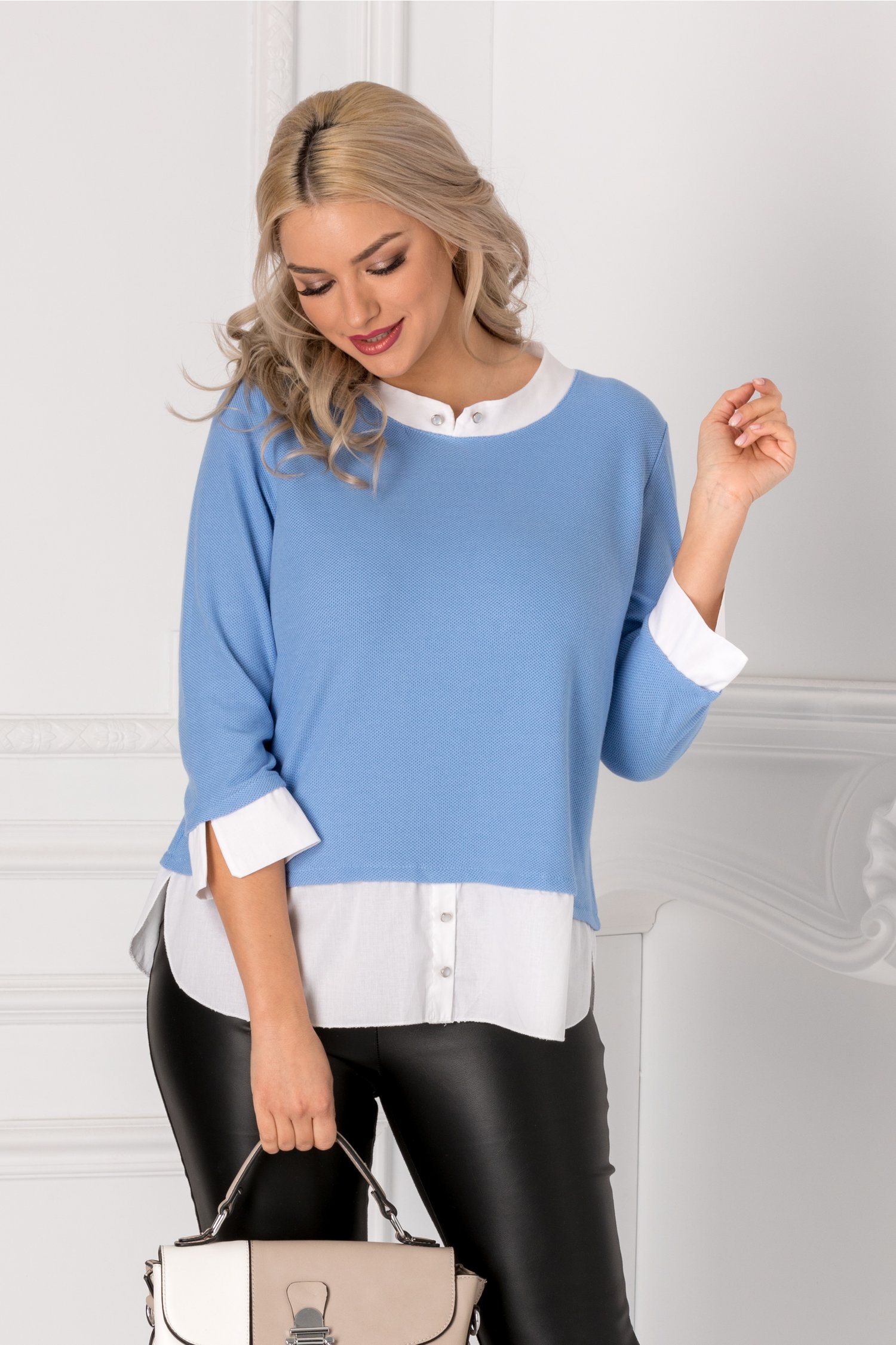 Bluza Iriza bleu cu guler si mansete albe