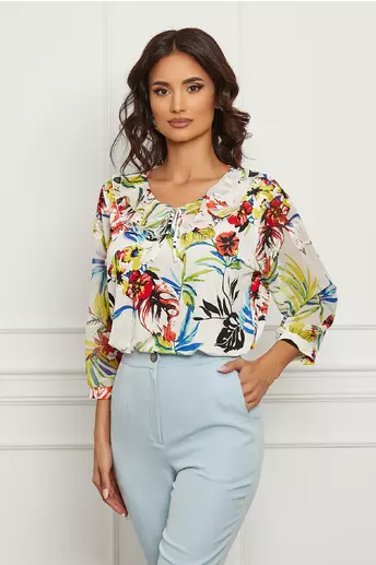 Bluza Isabela alba cu imprimeu floral colorat