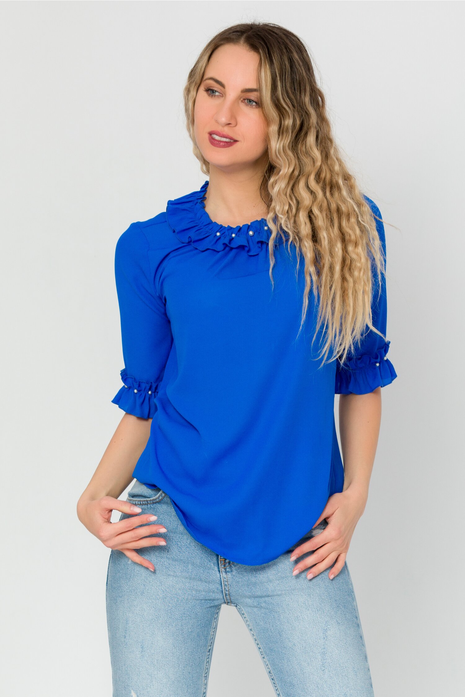 Bluza LaDonna albastra din voal cu perlute la guler