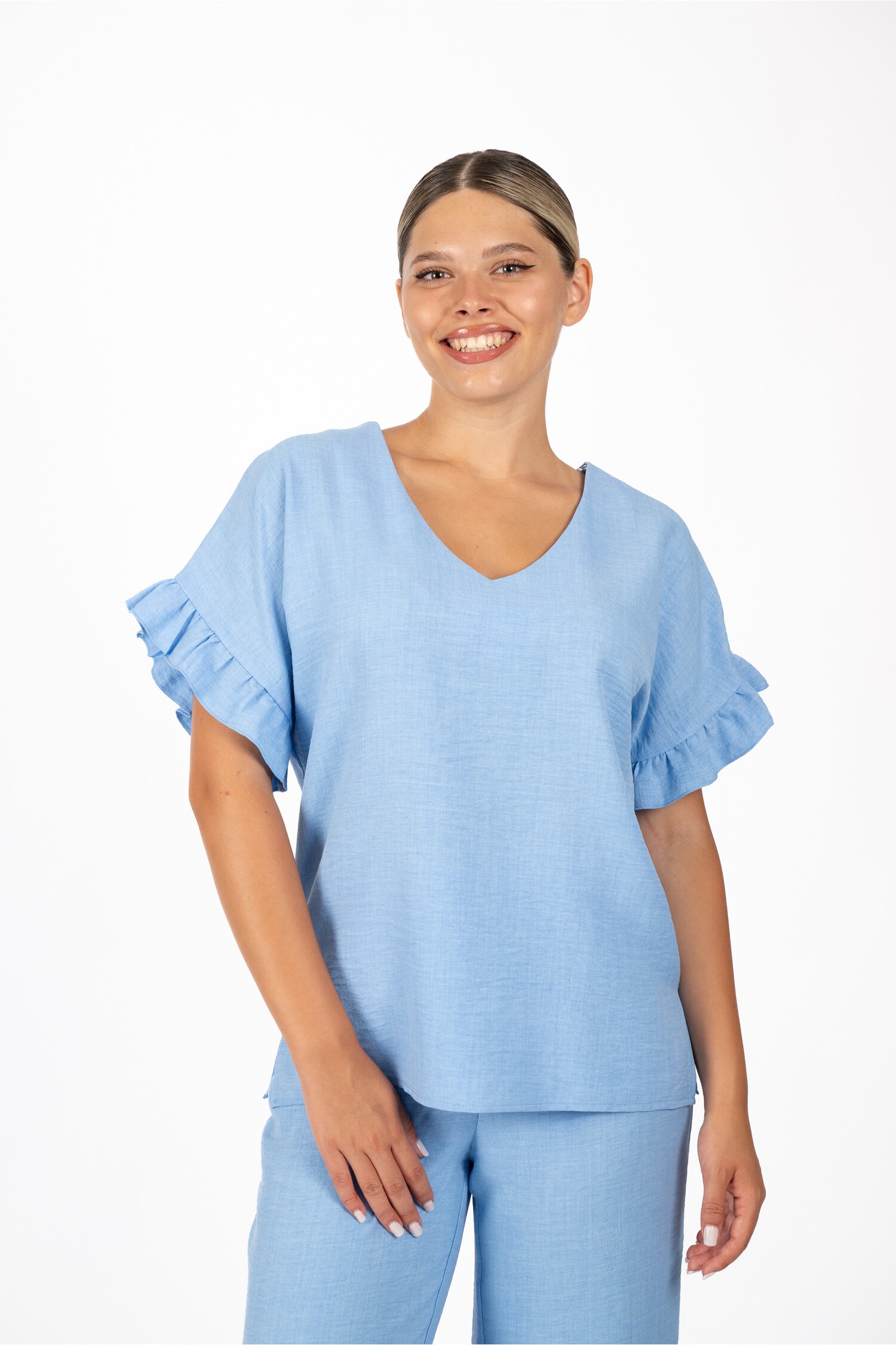 Bluza LaDonna bleu cu volanase la maneci