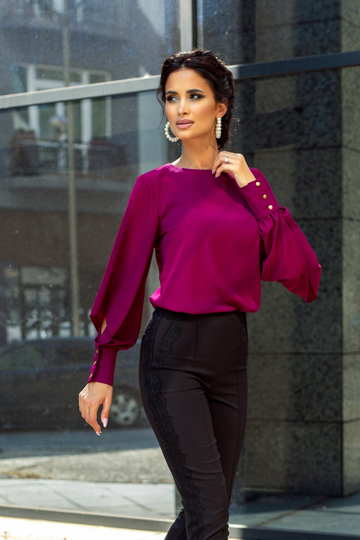 Bluza LaDonna by Catalin Botezatu magenta cu decupaje la maneci