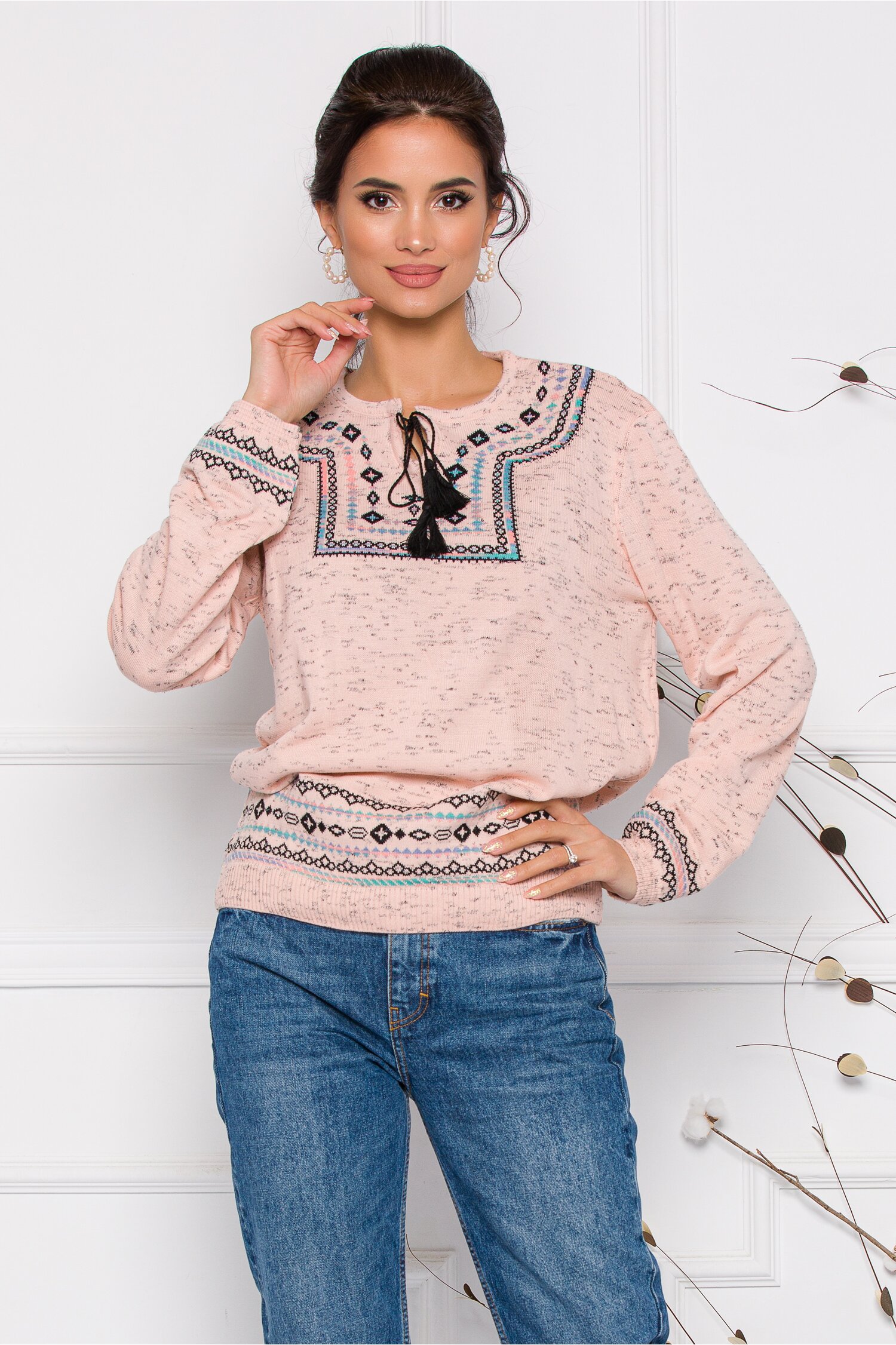 Bluza Mara roz lejera cu imprimeu in stil traditional