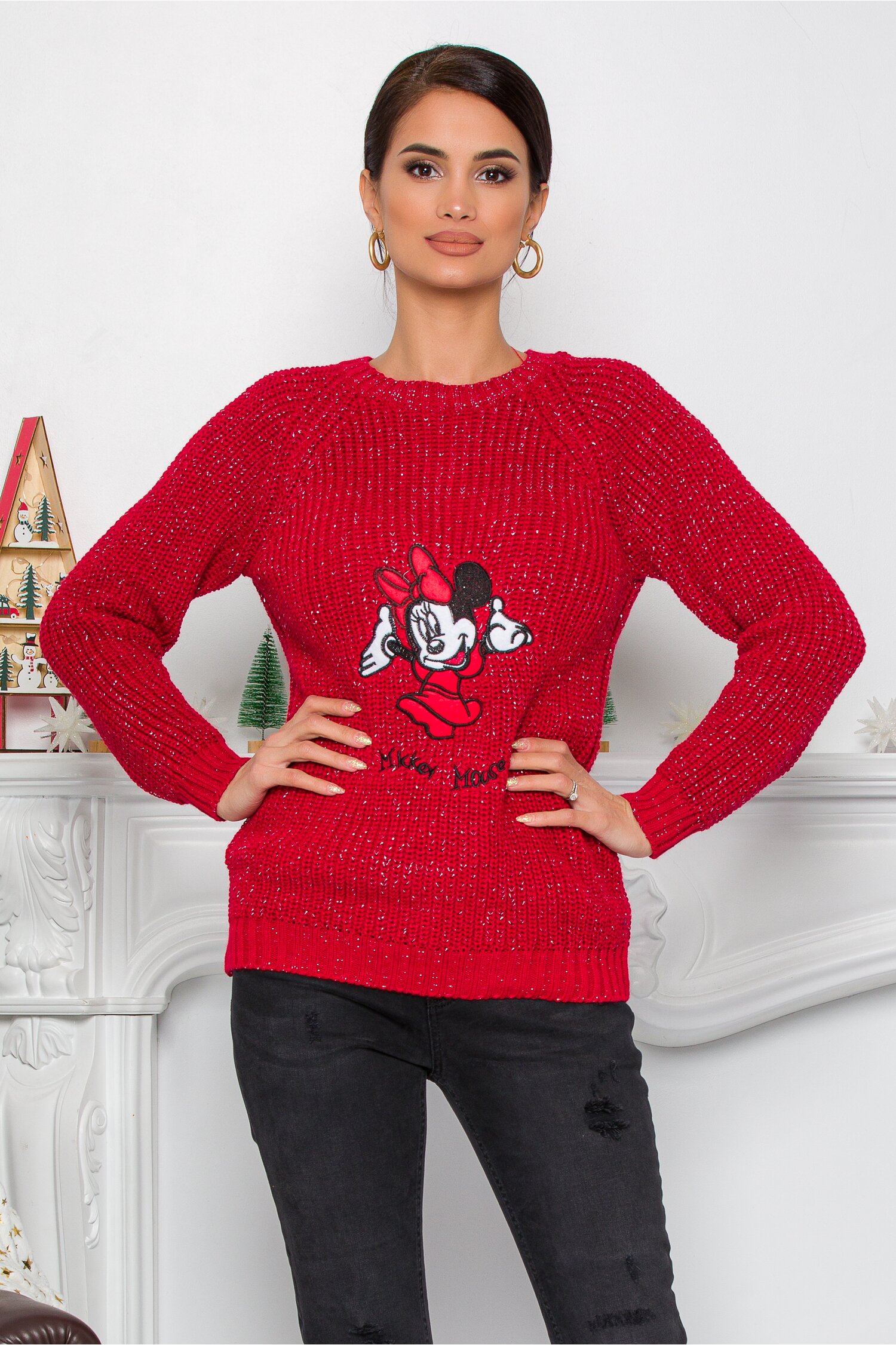 Bluza Minnie Mouse rosie din tricot cu insertii din fir lurex