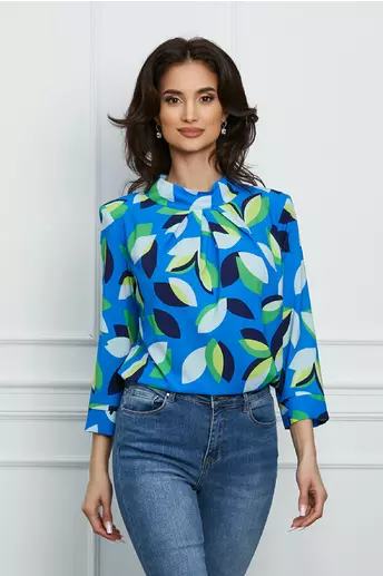 Bluza Miruna albastra cu imprimeu frunze