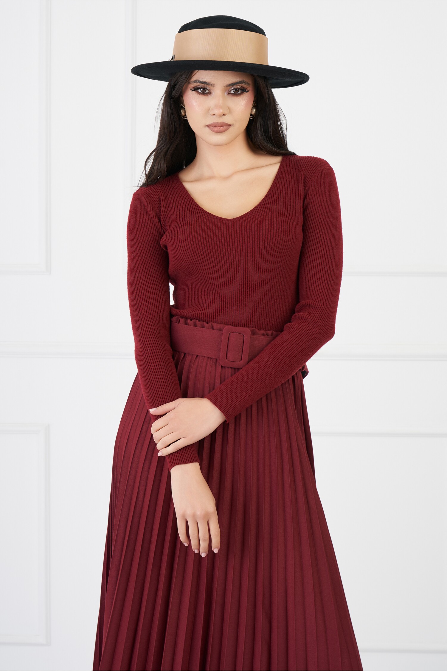 Bluza Miruna burgundy din tricot reiat