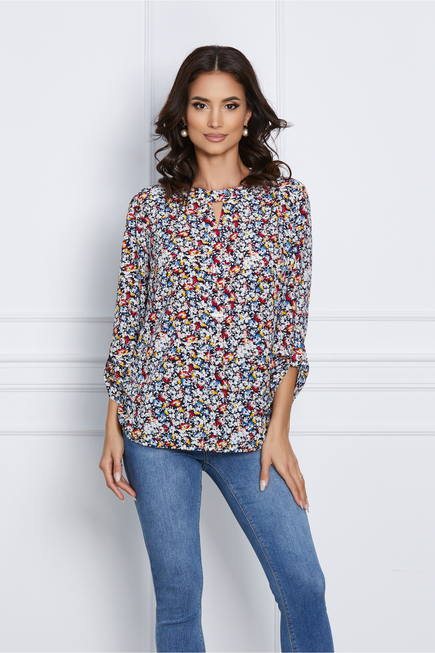 Bluza Nadia bleumarin cu imprimeu floral colorat