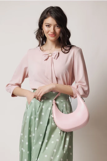 Bluza office din viscoza roz cu funda la decolteu