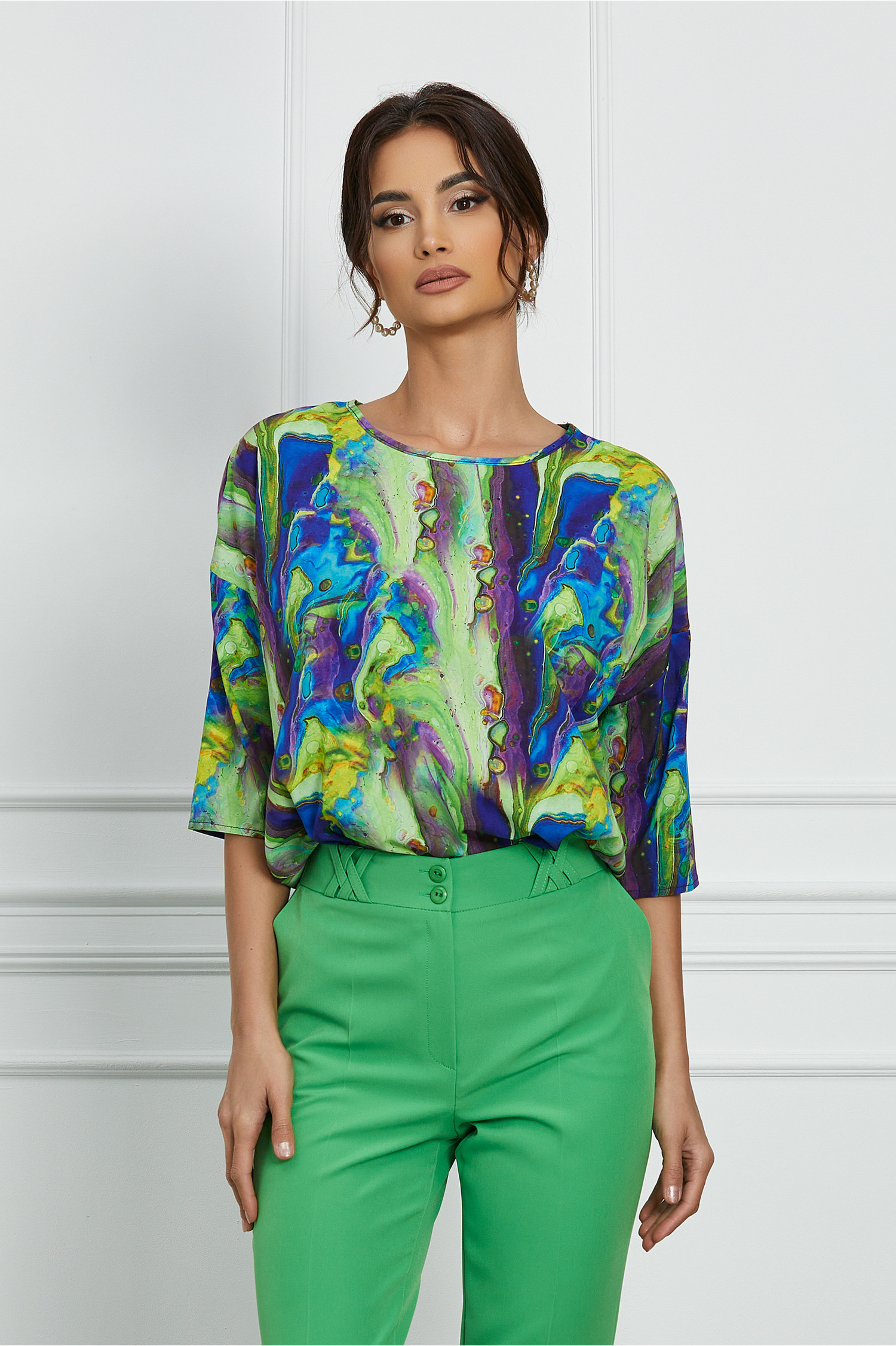 Bluza Roxana lime cu imprimeu mov