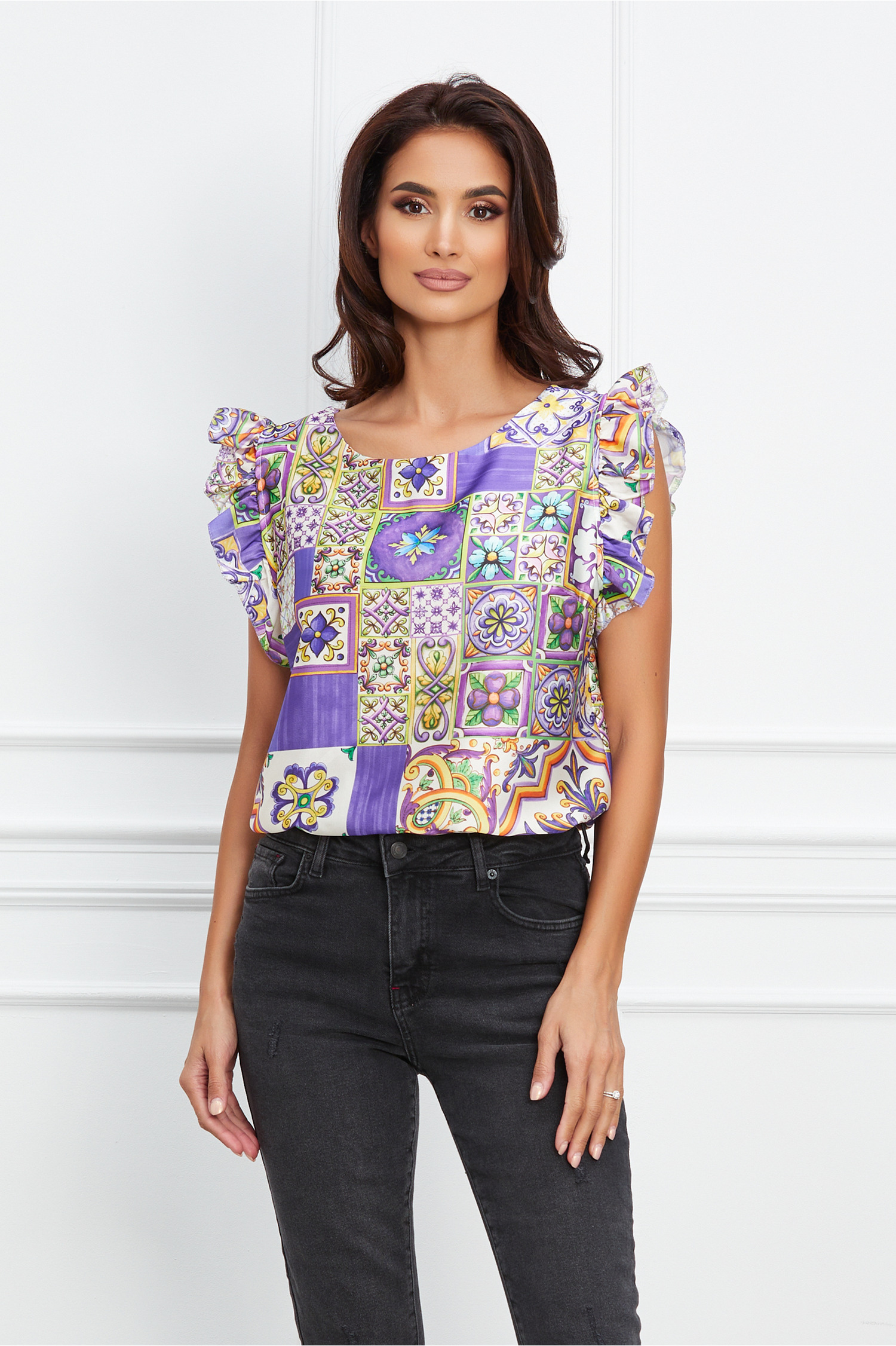 Bluza Sabrina mov cu imprimeuri diverse