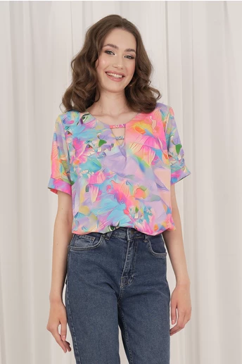 Bluza Sara lila cu imprimeuri multicolore si decupaj la bust