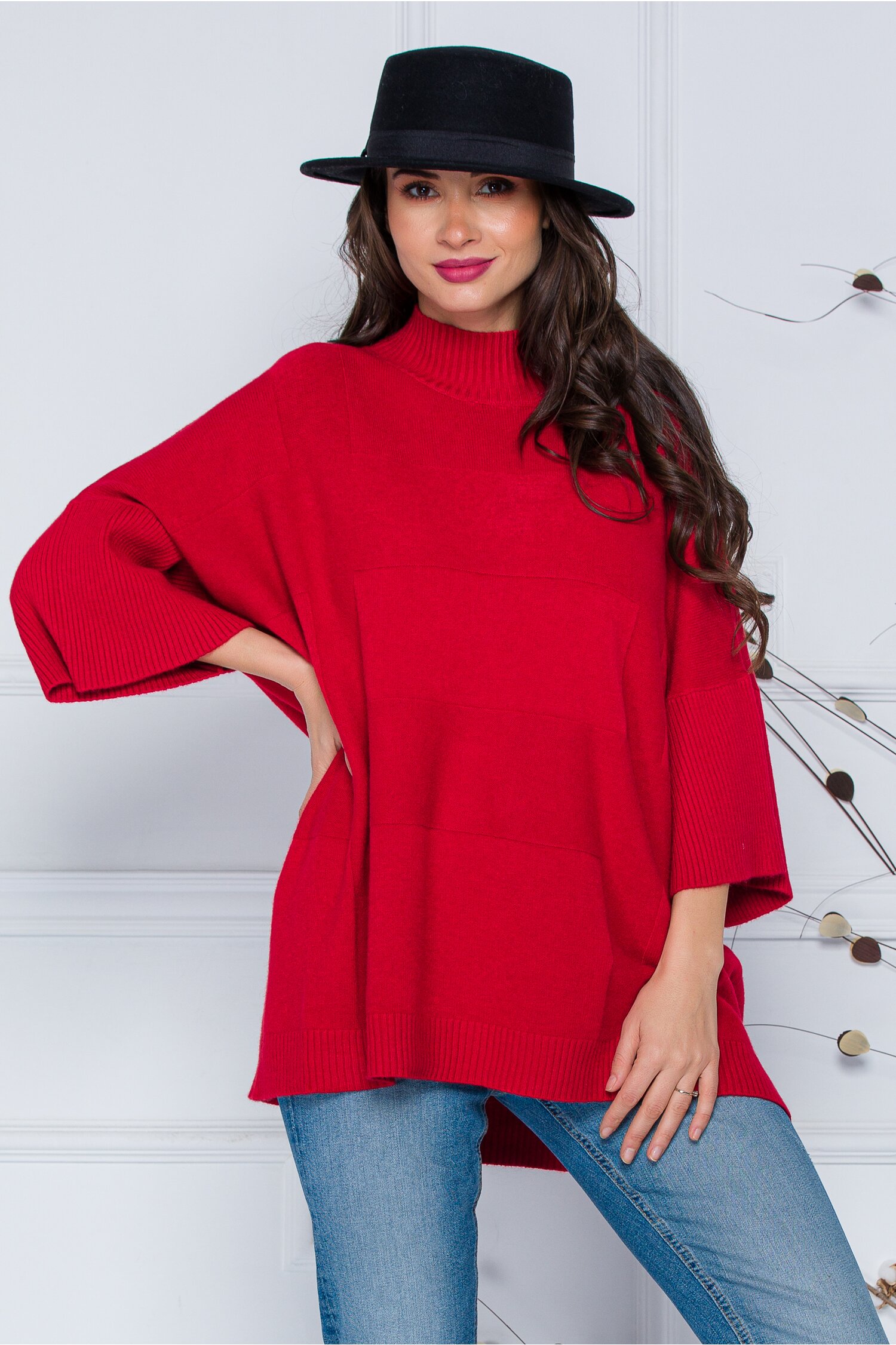 Bluza Sara rosie lejera din tricot cu maneci scurte