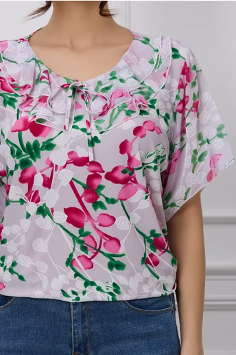Bluza Sorina gri cu imprimeuri florale magenta