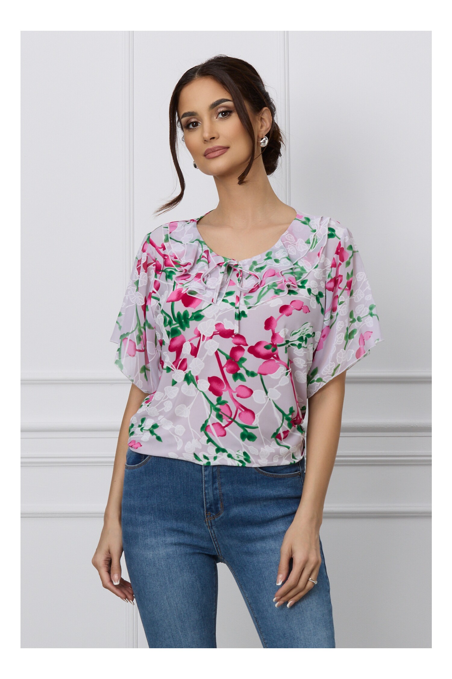 Bluza Sorina gri cu imprimeuri florale magenta