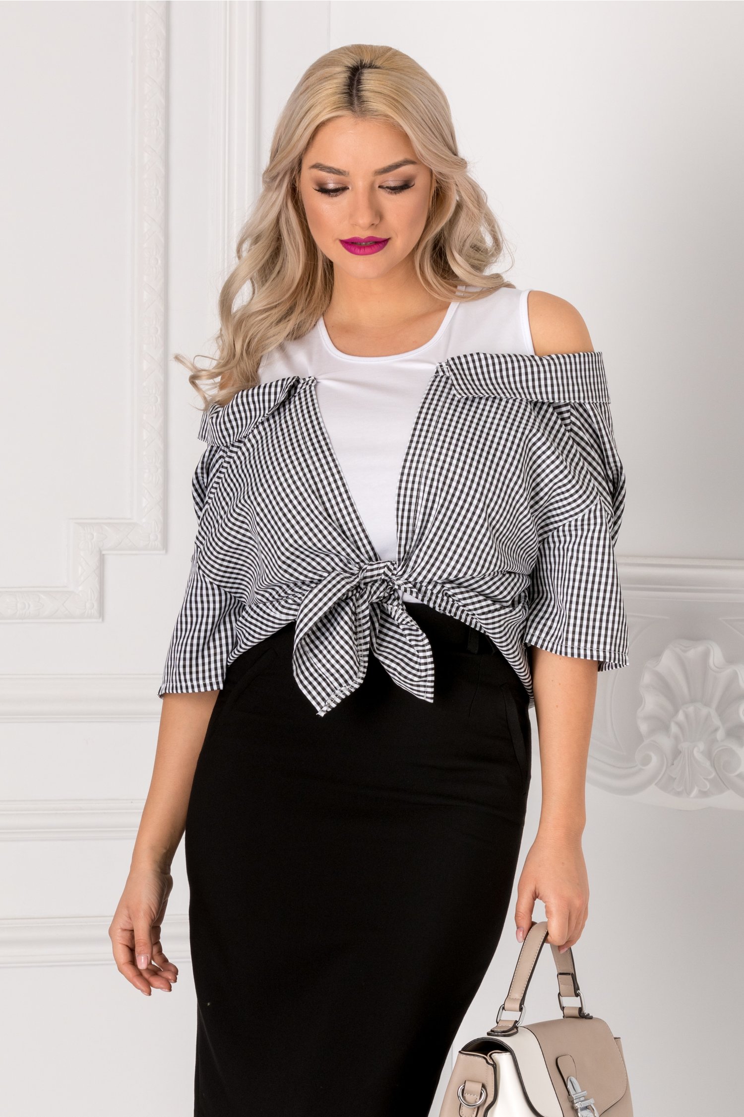 Bluza Tamy alba cu patratele tip camasa