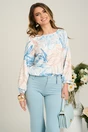Bluza vaporoasa din viscoza alba cu flori bleu si bej